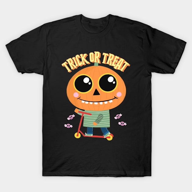 Halloween Cute Pumpkin Kid on Scooter T-Shirt by SpookyHalloween